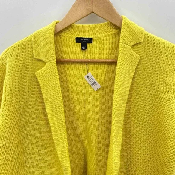 Talbots‎ Sweater Cardigan Womens Petite Yellow Wool Blend Open Front Pockets NEW